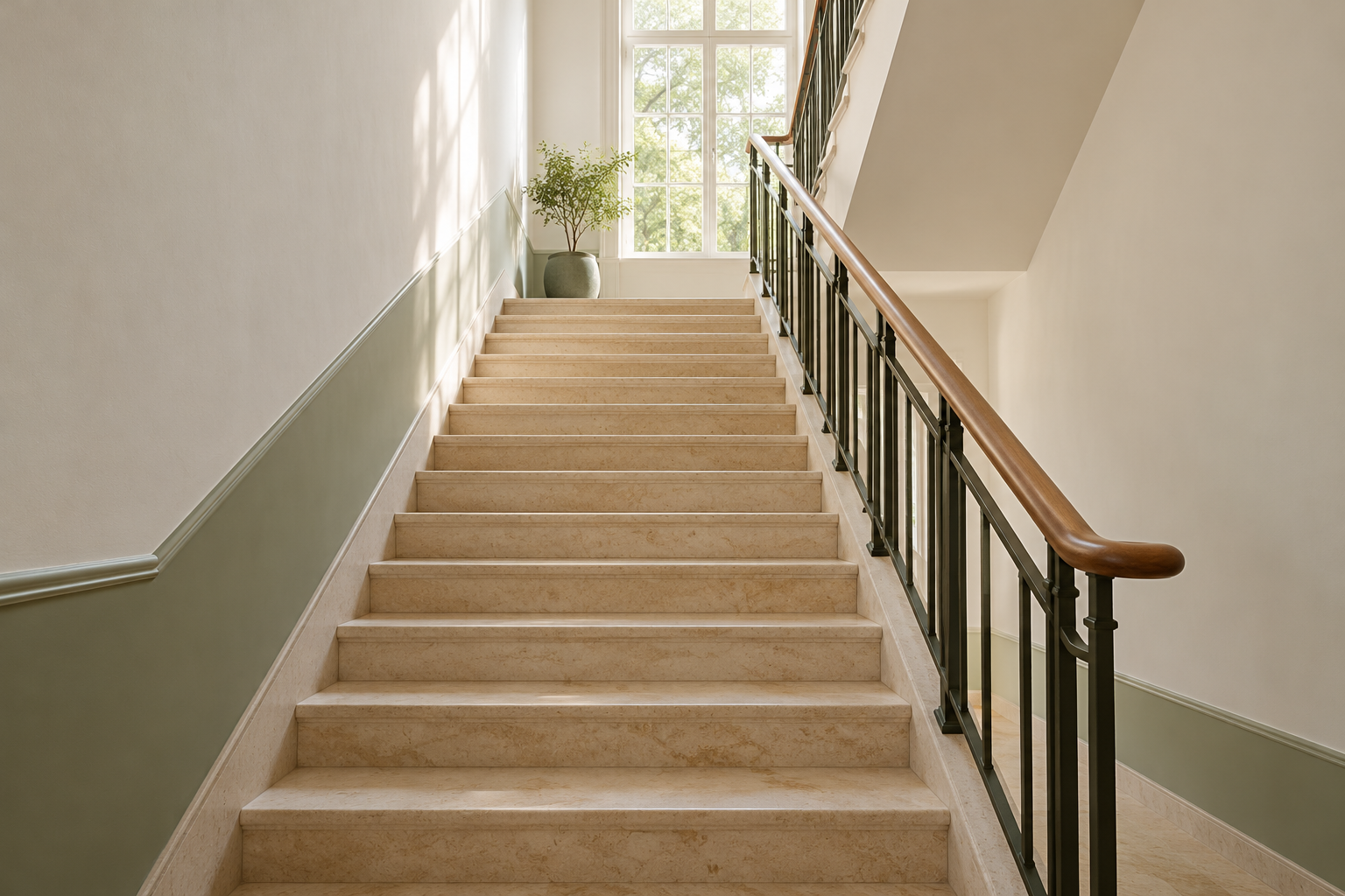 Eine helle Treppe mit durchgehendem Handlauf als Sinnbild für verlässliche Unterstützung auf dem eigenen Weg